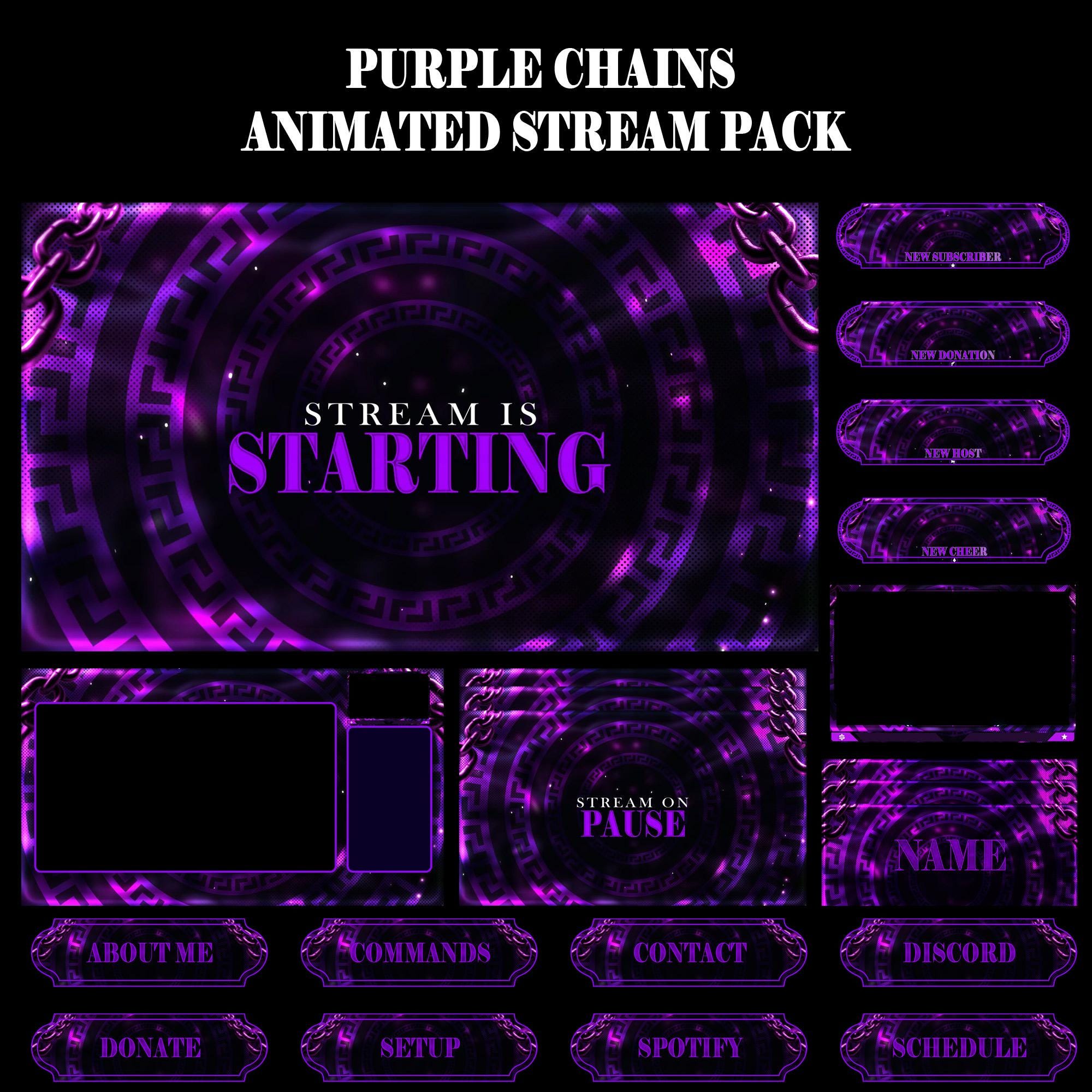 Purple Chains Animated Stream Package: For Twitch Overlay, YouTube, Kick, Facecam, Alerts, Stream Overlays - animated preview