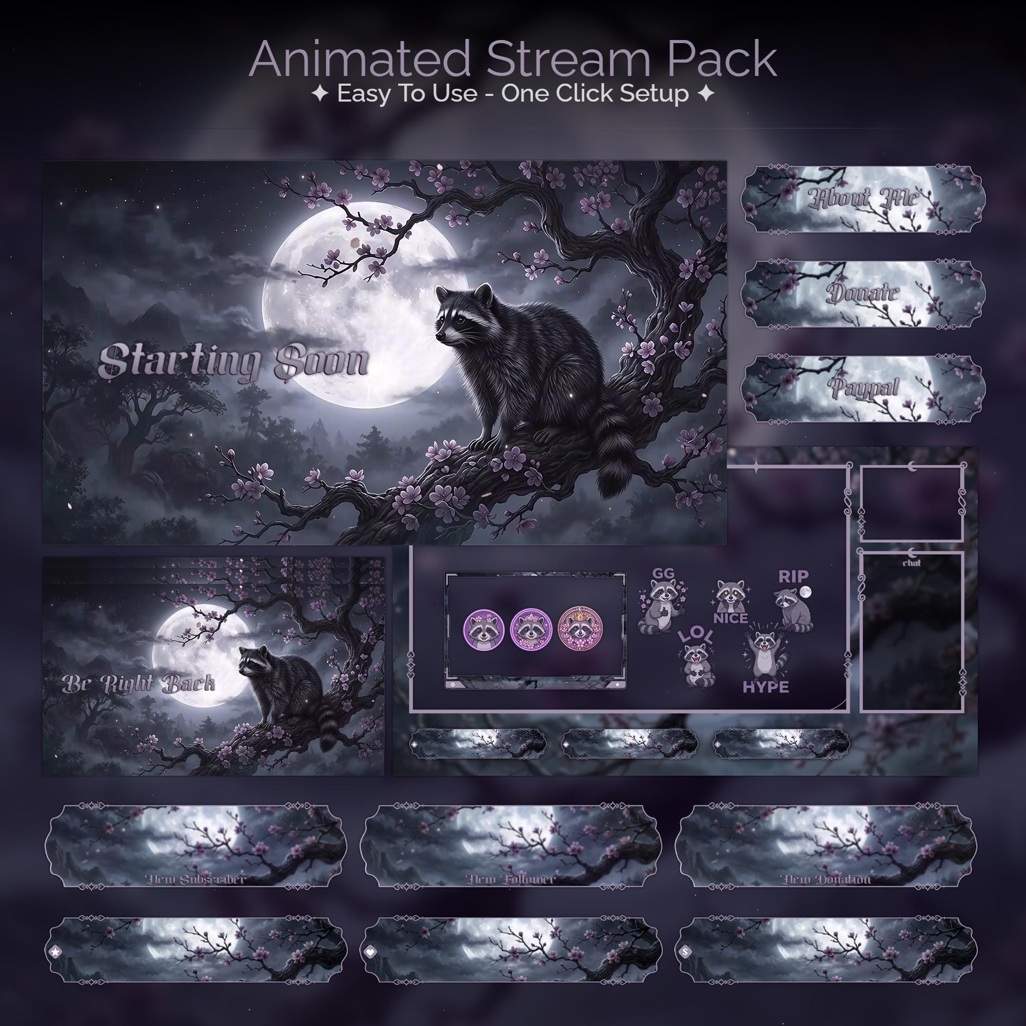 Mystic Moonlight Raccoon Overlay Animated Stream Package: For Twitch, YouTube, Kick | Gothic Raccoon overlays - animated preview