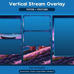 Puede incluir: Un dise&ntilde;o de superposici&oacute;n de transmisi&oacute;n vertical con un fondo azul y m&uacute;ltiples marcos rectangulares. El dise&ntilde;o incluye el texto "Vertical Stream Overlay" y "TIKTOK + YOUTUBE". La parte inferior del dise&ntilde;o presenta el texto "X10 OVERLAYS" y "Animated, Static png(1080x1920px)".