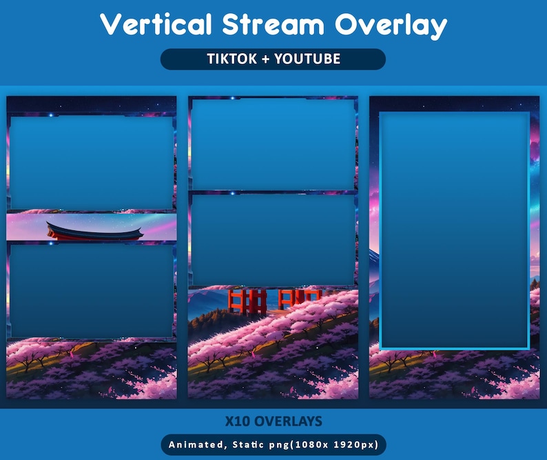 Puede incluir: Un dise&ntilde;o de superposici&oacute;n de transmisi&oacute;n vertical con un fondo azul y m&uacute;ltiples marcos rectangulares. El dise&ntilde;o incluye el texto "Vertical Stream Overlay" y "TIKTOK + YOUTUBE". La parte inferior del dise&ntilde;o presenta el texto "X10 OVERLAYS" y "Animated, Static png(1080x1920px)".