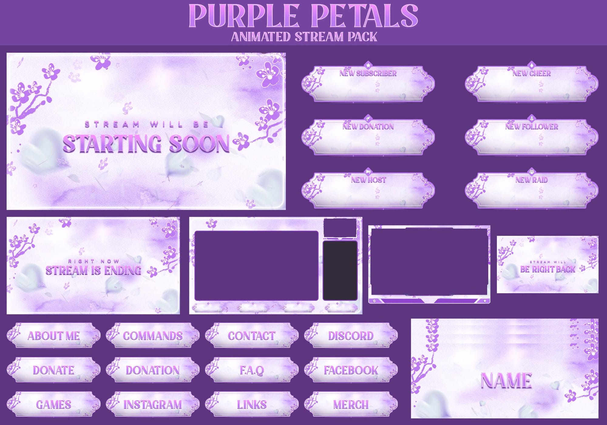 Purple Petals Animated Stream Package: For Twitch Overlay, YouTube, Kick, Facecam, Alerts, Stream Overlays - animated preview