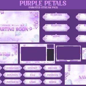Peut inclure: Un pack de stream animé numérique intitulé "Purple Petals". Le design présente un fond aquarelle violet et blanc doux avec des accents floraux. Comprend divers éléments de superposition tels que "Starting Soon", "Stream is Ending" et des boutons de médias sociaux.