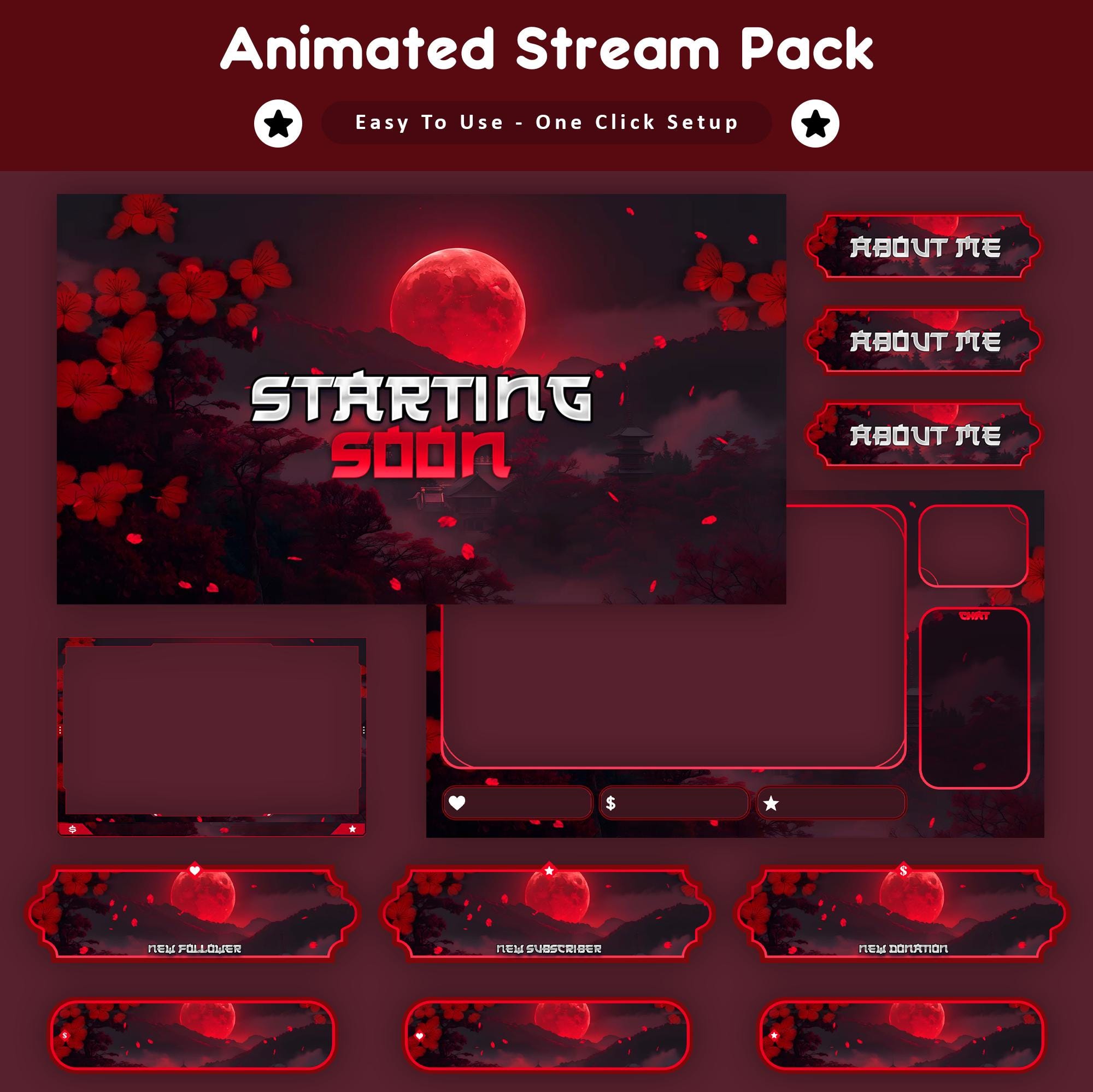 Red Moon Sakura Animated Stream Package: For Twitch Overlay, YouTube, Kick | Sakura Overlays - animated preview