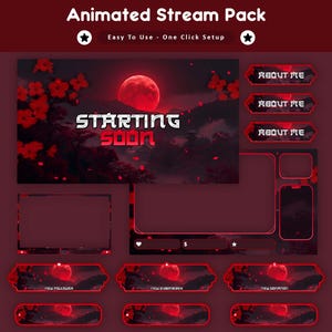 Peut inclure: Un pack de stream animé numérique avec un thème rouge foncé et noir. Il comprend divers éléments de superposition, tels que l'écran "Starting Soon", les boutons "About Me" et les alertes de followers/abonnés. Le design présente une lune rouge et un paysage d'inspiration japonaise.