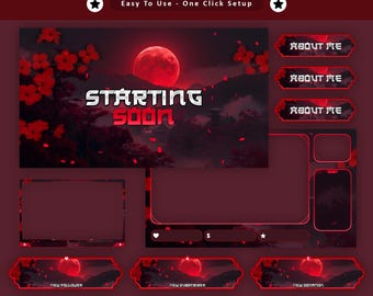 Red Moon Sakura Animated Stream Package: For Twitch Overlay, YouTube, Kick | Sakura Overlays