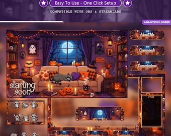 Cozy Raccoon Halloween Twitch Overlay Pack Animated | Kawaii Gaming Room Stream Bundle | Purple Spooky Screens Panels Alerts