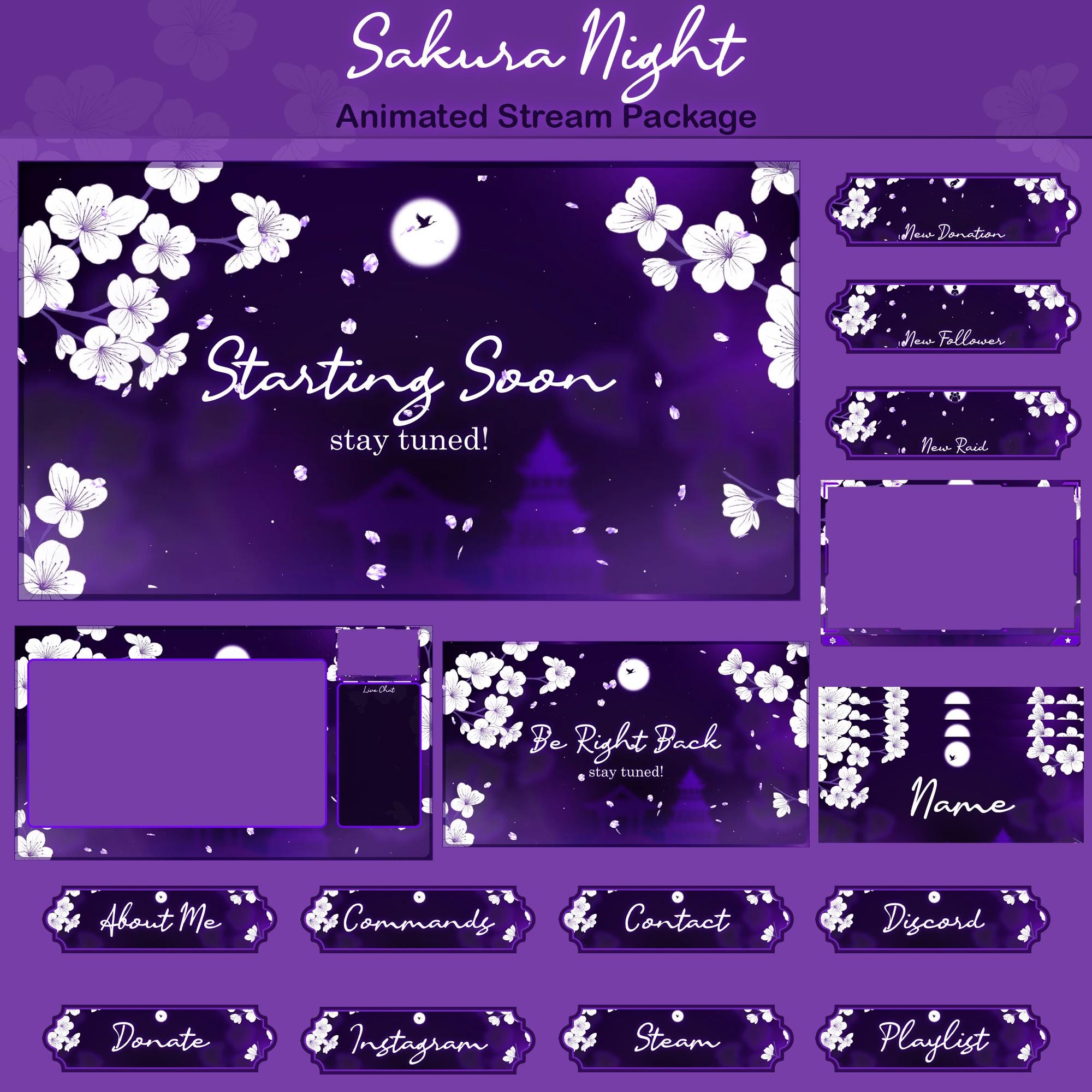 Sakura Night Animated Stream Package: For Twitch Overlay, YouTube, Kick, Facecam, Alerts, Stream Overlays - animated preview