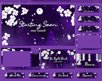 May include: A digital animated stream package with a purple and white Sakura Night theme. The package includes various screens with text such as "Starting Soon", "Be Right Back", and buttons for "About Me", "Commands", and more. Cherry blossom graphics are featured.
