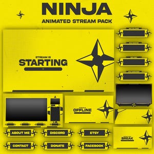May include: A yellow and black animated stream pack featuring the word "NINJA". The pack includes screens for "Starting", "Offline", and various alerts. Social media buttons for Discord, Etsy, and Facebook are also included.