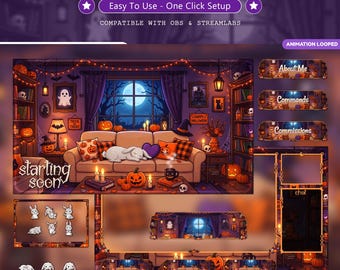 Cozy Bunny Halloween Twitch Overlay Pack Animated | Kawaii Rabbit Living Room Stream Bundle | Purple Autumn Screens Panels Alerts