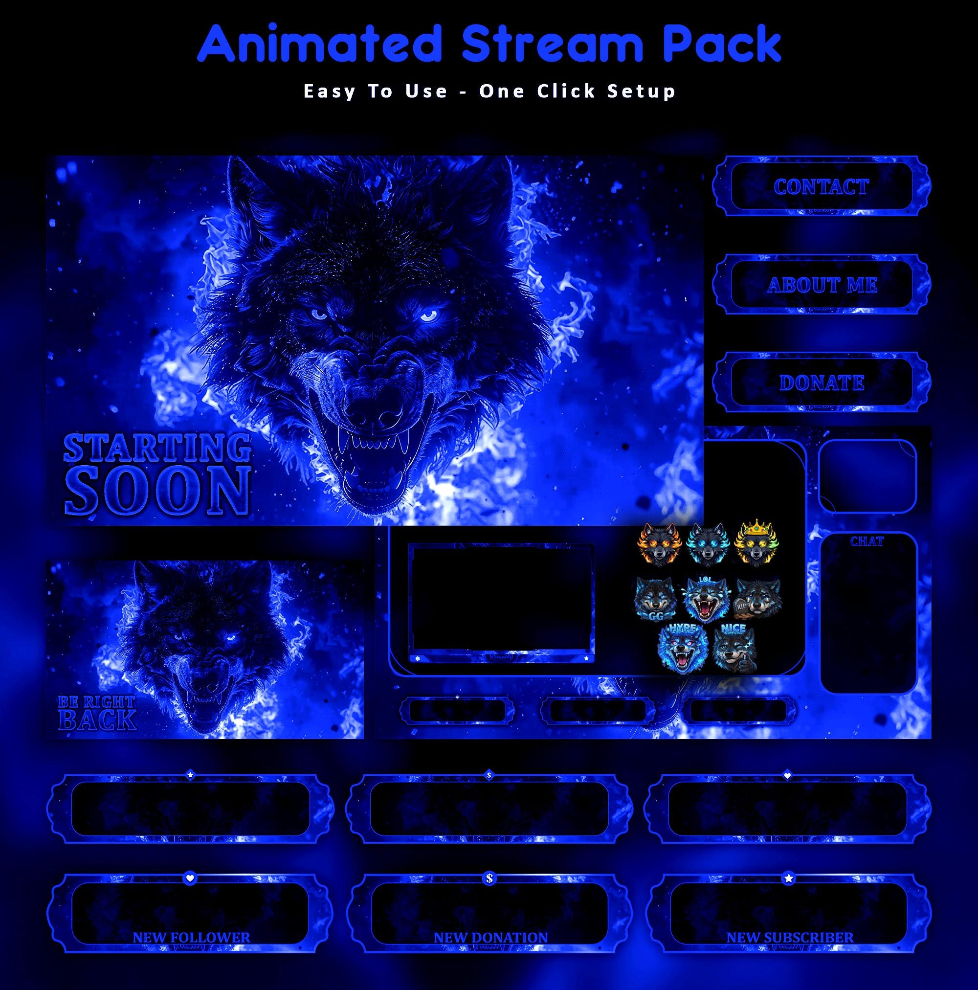Inferno Wolf Animated Stream Package: For Twitch Overlay, YouTube, Kick | Blue Wolf Overlays - animated preview