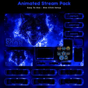 Könnte beinhalten: Animiertes Stream-Paket mit einem blauen Wolfsdesign. Enthält Schaltflächen für Kontakt, Über mich und Spenden sowie Abschnitte für Chat, neue Follower, Spenden und Abonnenten. Der Text "Starting Soon" und "Be Right Back" sind ebenfalls enthalten.