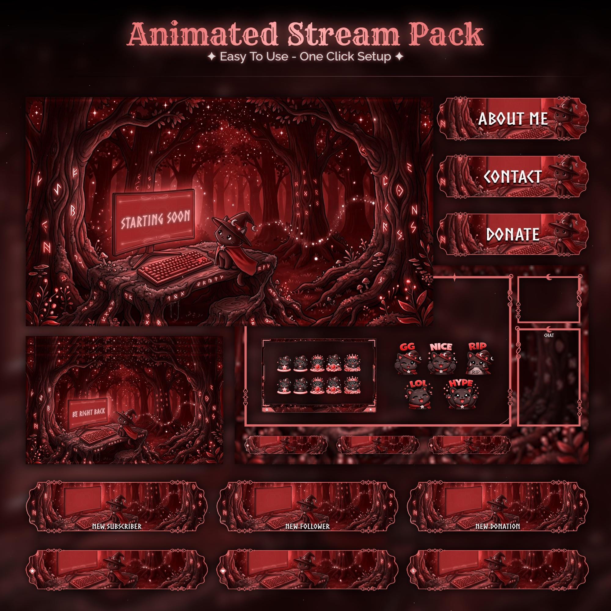 Midnight Blood & Moon Magic Cat Overlay Animated Stream Package: Twitch, YouTube, Kick | Gaming Setup Overlays - animated preview