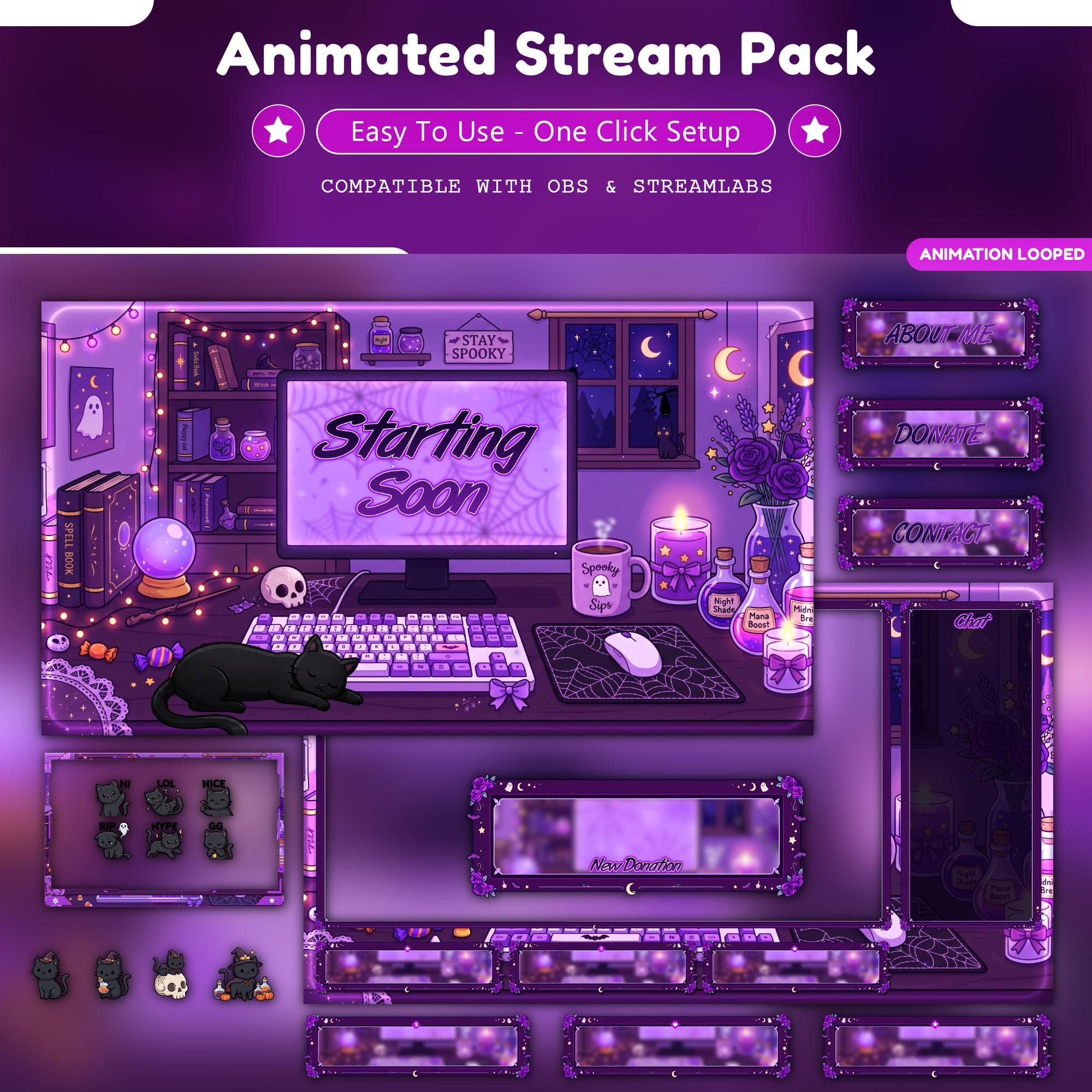 Halloween Cat Overlay Animated Stream Package - animated cat Twitch stream overlay pack cover