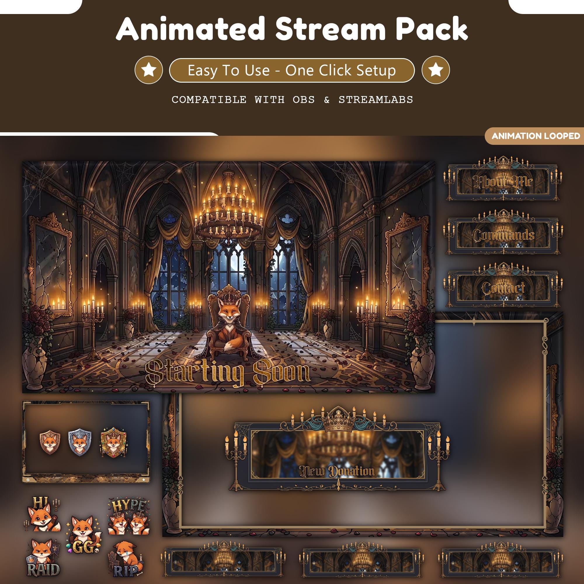 Royal Fox Gothic Overlay Animated Stream Package: For Twitch, YouTube, Kick | Mystic Fox overlays - animated preview