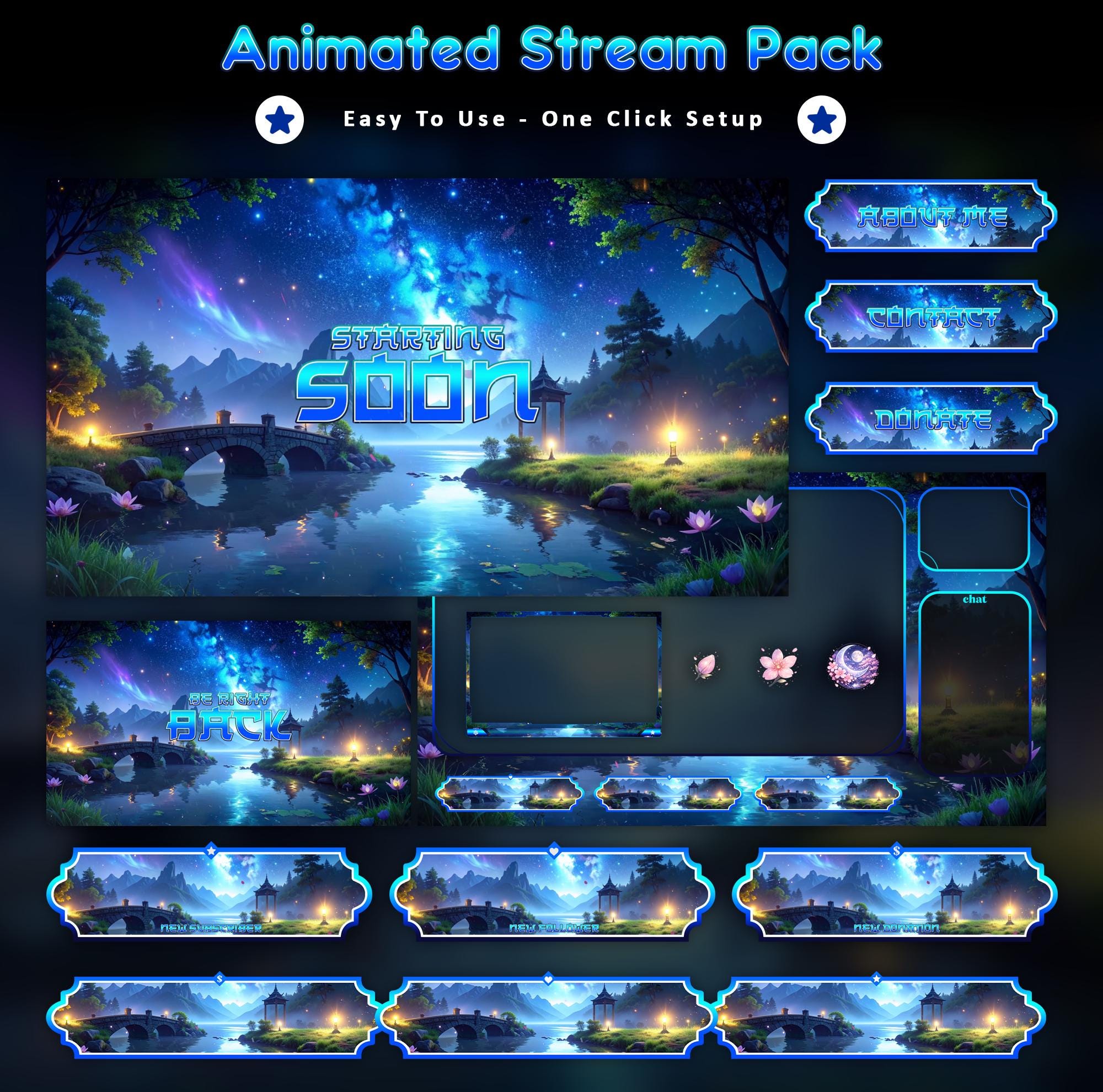 Celestial Night Animated Stream Package: For Twitch Overlay, YouTube, Kick | Japanese twitch overlays - animated preview