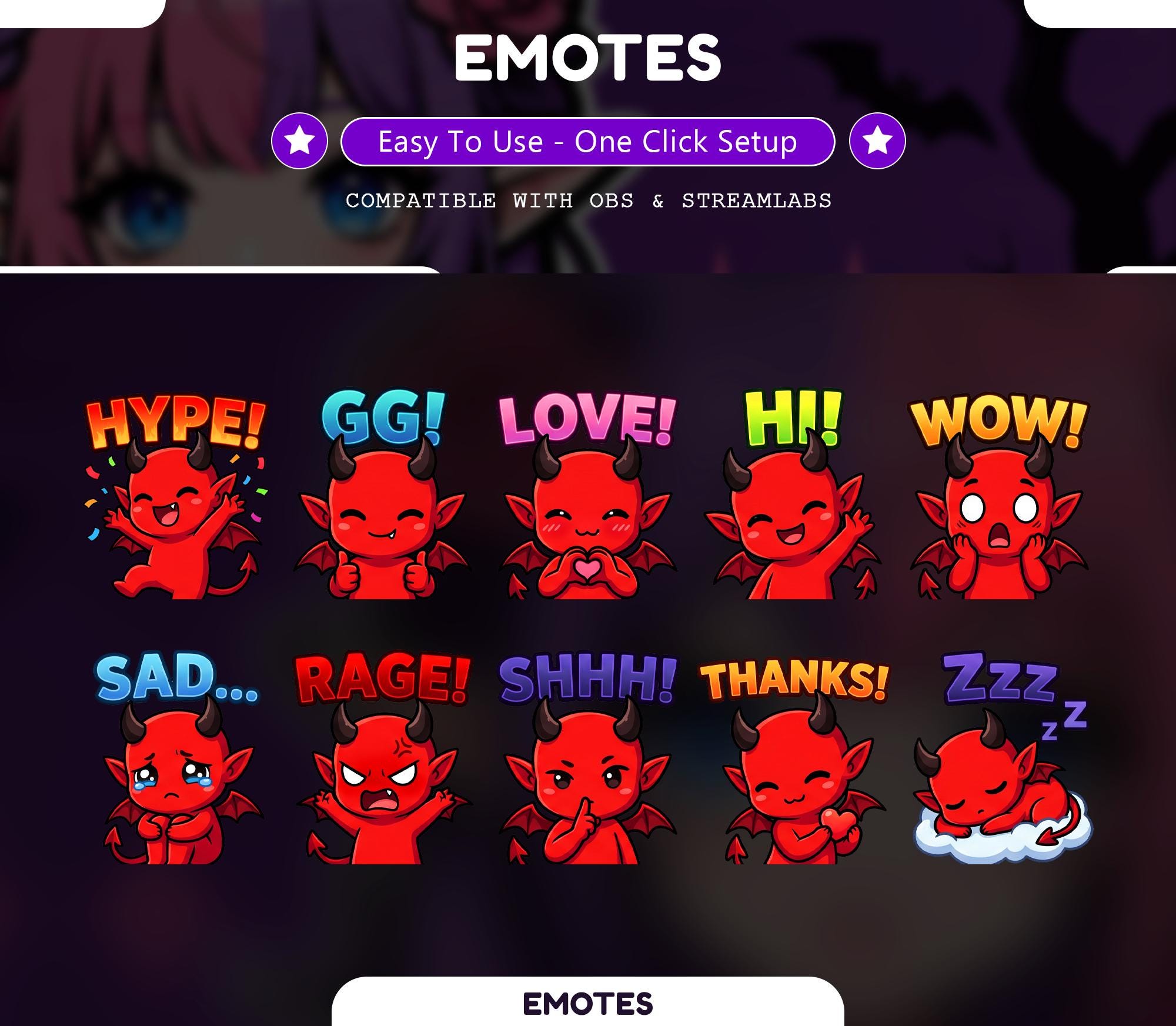 10 Cute Red Devil Emotes, Twitch Emotes, Chibi Devil Reaction Emotes for Streaming, Emotes for Discord, Spooky Emote Pack - animated stream Twitch stream overlay pack cover