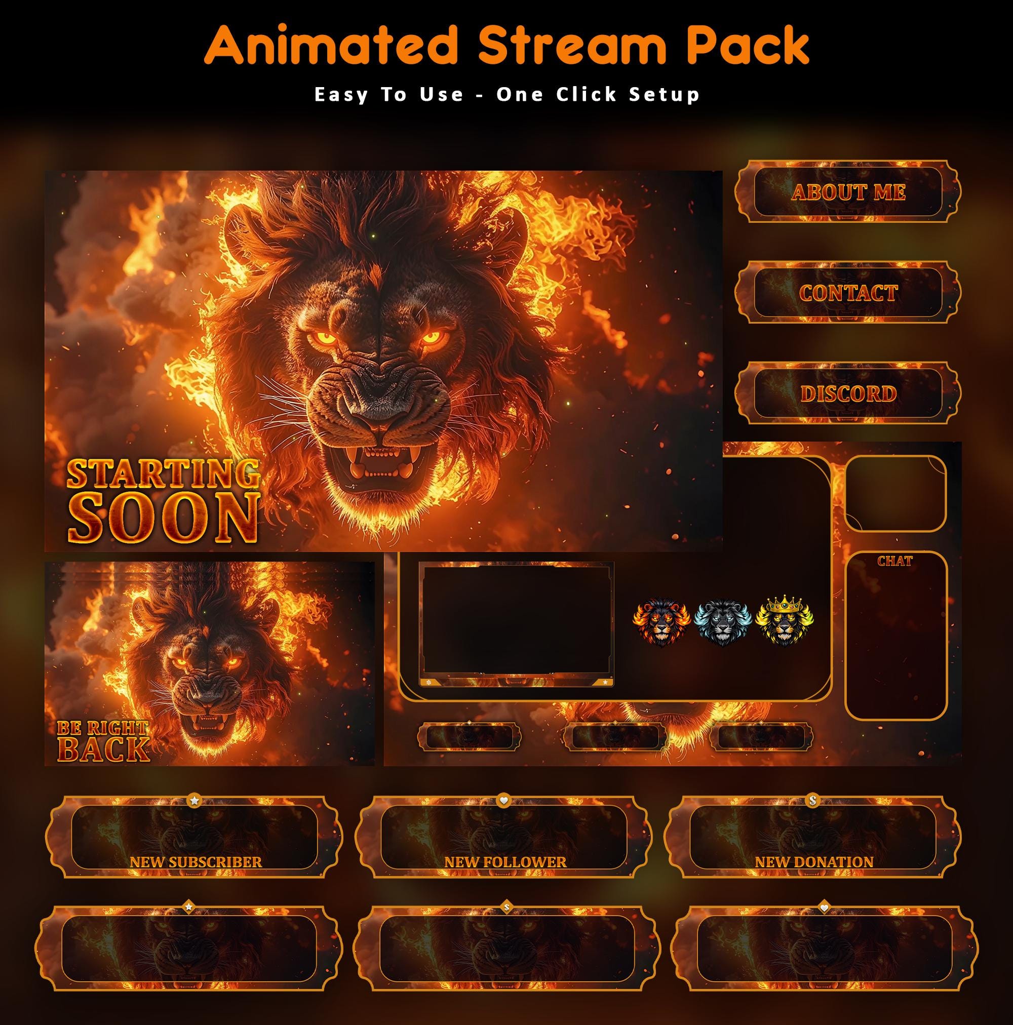 Inferno Lion Animated Stream Package: For Twitch Overlay, YouTube, Kick | Lion Overlays - animated preview