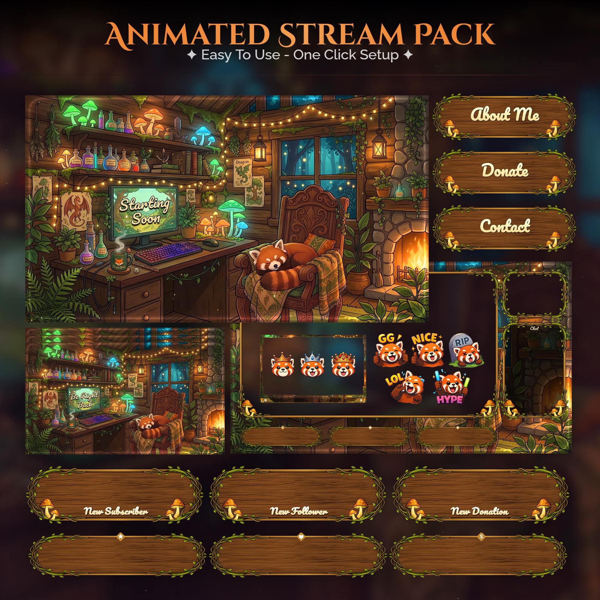 Cozy Red Panda Overlay Animated Stream Package: Twitch, YouTube, Kick | Gaming Setup Overlays - animated preview
