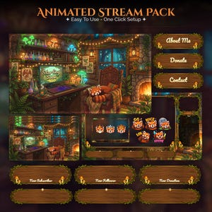 Peut inclure: Un pack de stream animé sur le thème de la forêt. Le design comprend une illustration détaillée d'une pièce avec une cheminée, un ordinateur et un panda roux. Le pack comprend des boutons pour À propos de moi, Faire un don et Contacter, ainsi que des alertes d'abonné et de don.