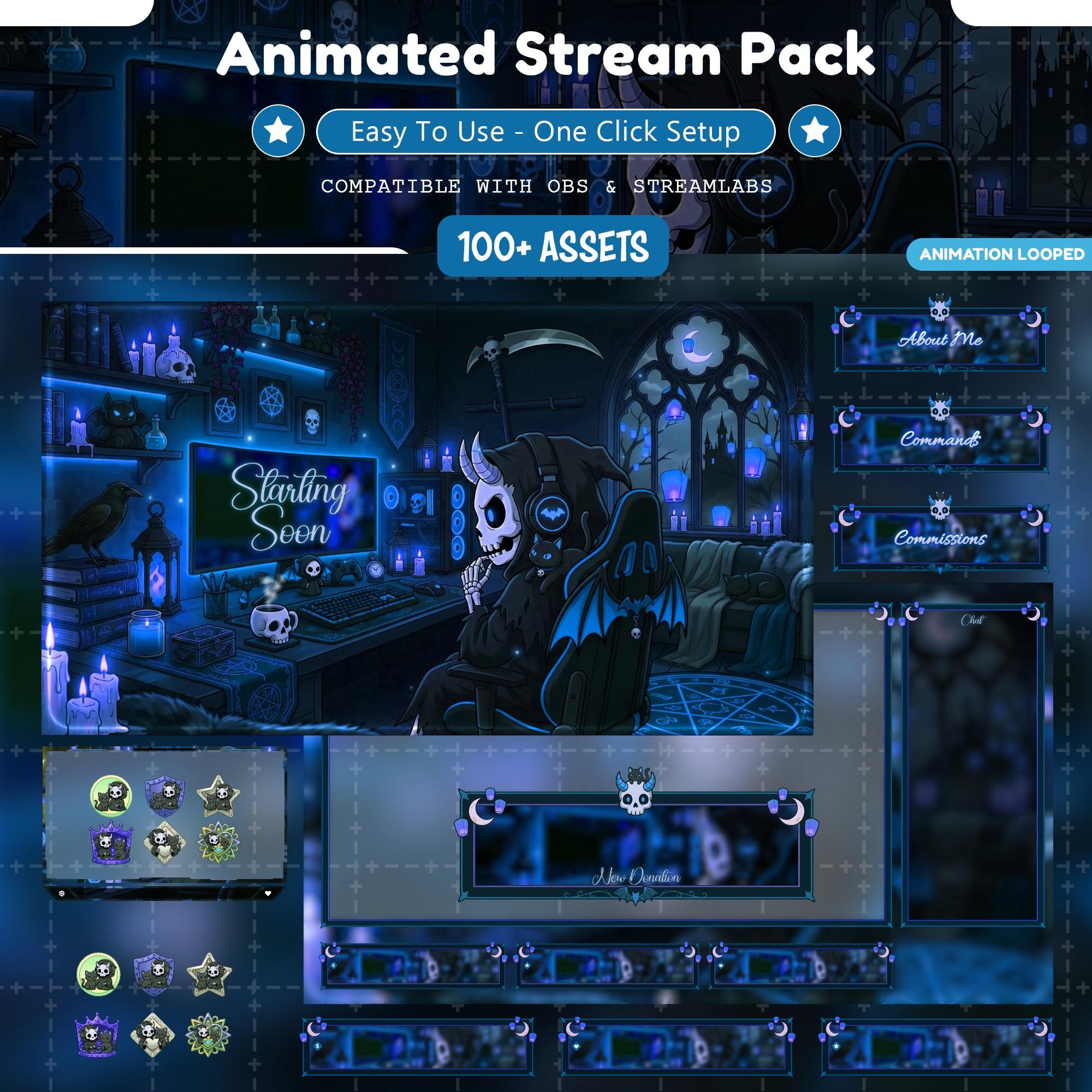 Gothic Grim Reaper Animated Stream Overlay Package, Blue Spooky Cozy Overlay, Horror Halloween Stream Screens, OBS VTuber Background Youtube - animated reaper Twitch stream overlay pack cover