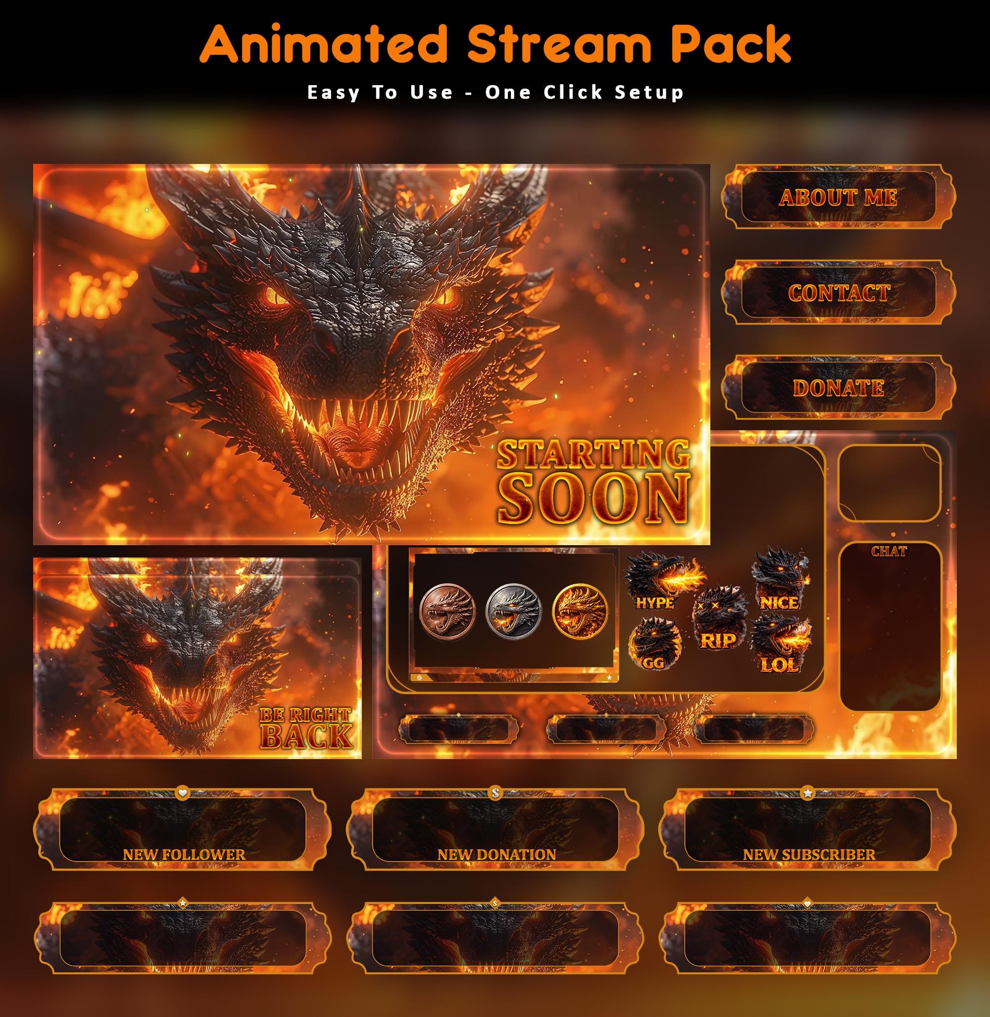Inferno Dragon Animated Stream Package: For Twitch Overlay, YouTube, Kick | Dragon Overlays - animated preview