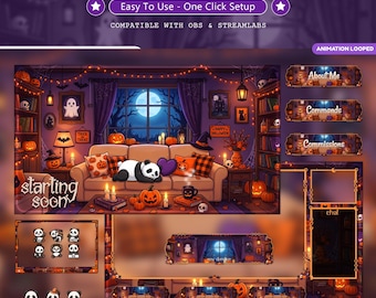 Cozy Panda Halloween Twitch Overlay Pack Animated | Kawaii Gaming Room Stream Bundle | Purple Spooky Screens Panels Alerts