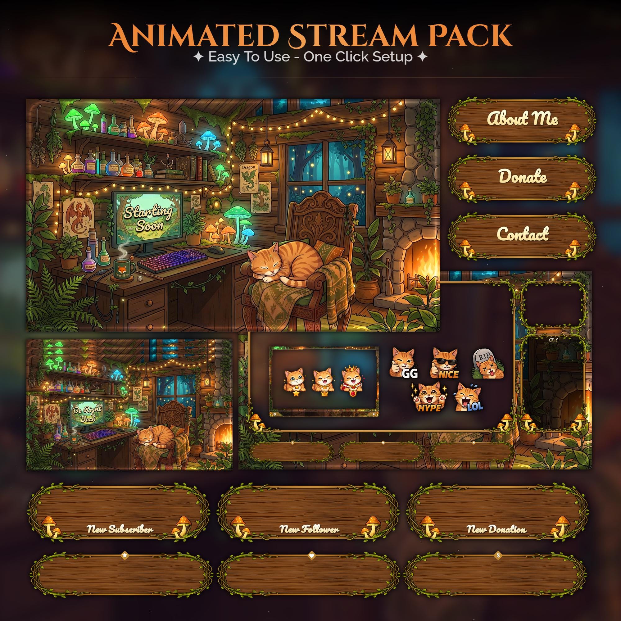Cozy Cat Overlay Animated Stream Package: Twitch, YouTube, Kick | Gaming Setup Overlays - animated preview