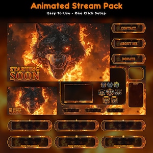 Könnte beinhalten: Animiertes Stream-Paket mit einem feurigen Wolfsdesign. Enthält "Starting Soon" und "Be Right Back" Bildschirme sowie verschiedene Overlay-Elemente für das Streaming. Buttons für Kontakt, Über mich und Spenden, alles in einem feurigen Thema.