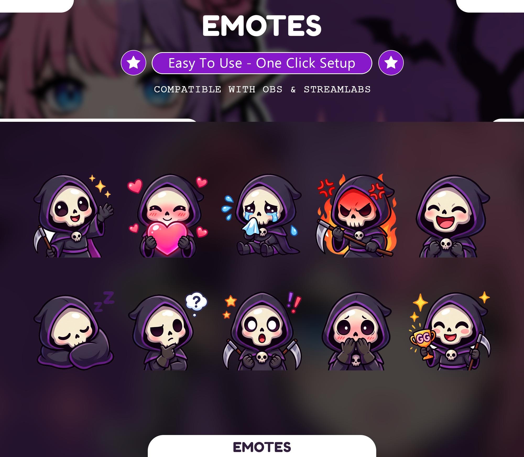 Cute Grim Reaper Emote Pack, 10 Chibi Skull Emotes for Streamers, Spooky Kawaii Chat Emotes, Purple Gothic Halloween Emotes - animated reaper Twitch stream overlay pack cover