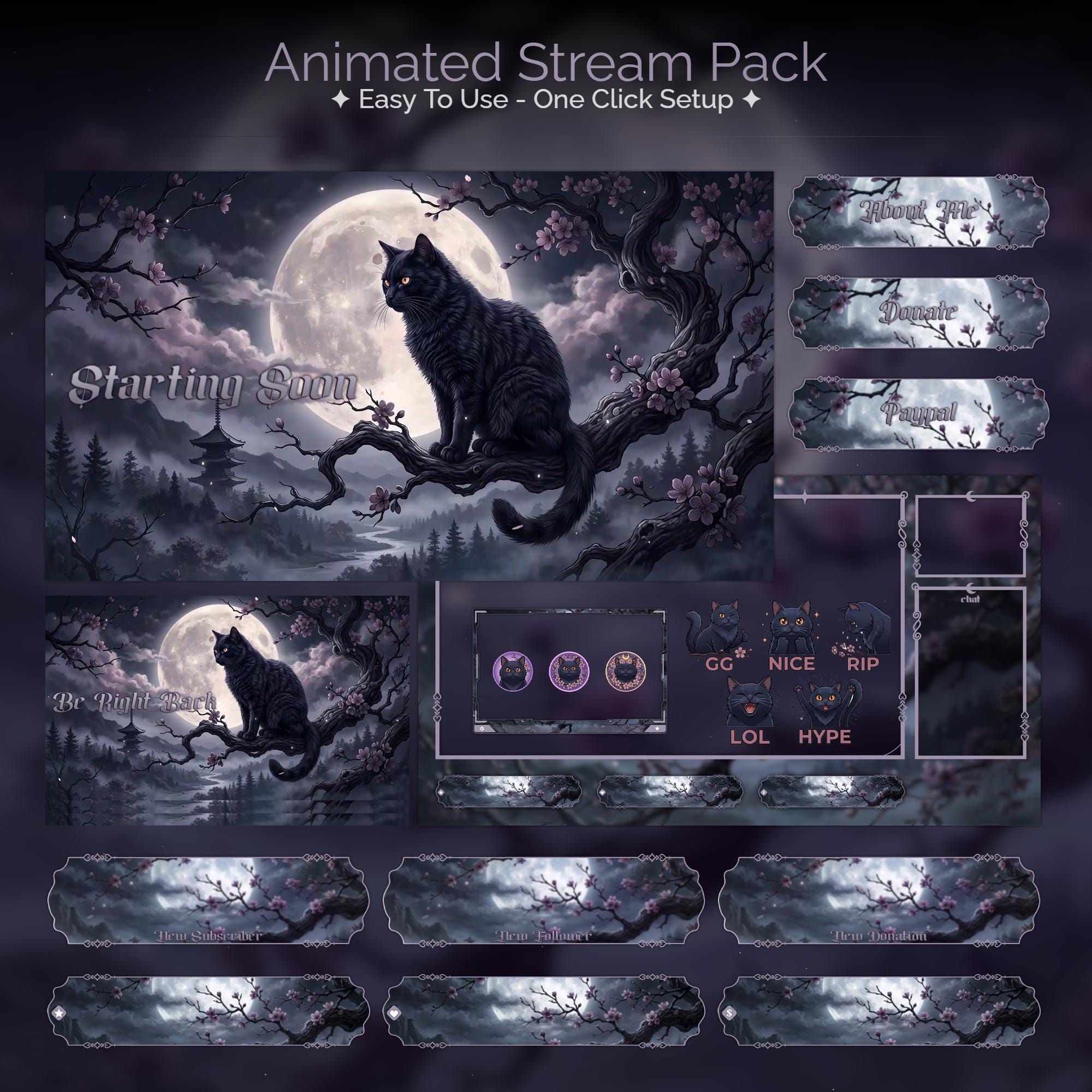 Mystic Moonlight Cat Overlay Animated Stream Package: For Twitch, YouTube, Kick | Gothic Cat overlays - animated preview