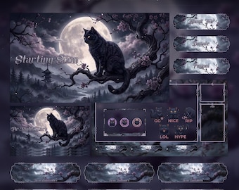 Mystic Moonlight Cat Overlay Animated Stream Package: For Twitch, YouTube, Kick | Gothic Cat overlays