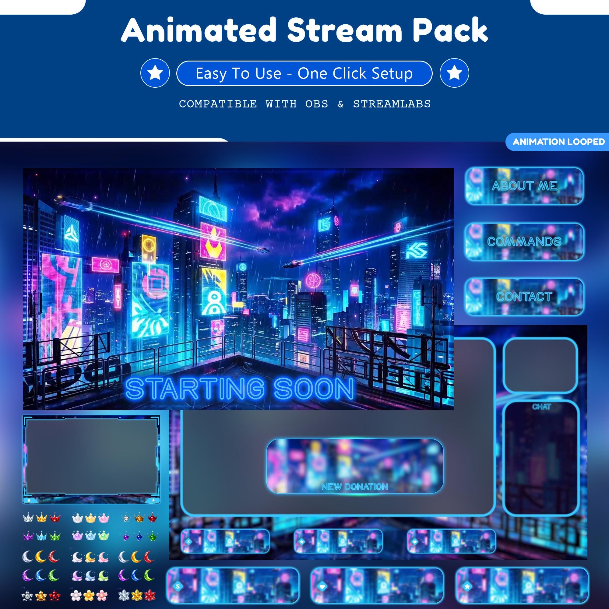 Dark Anime Cyberpunk Night Neon Overlay Animated Stream Package: For Twitch | Rain Cityscape | Cyberpunk overlays - animated preview