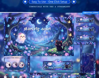 Magical Forest Twitch Overlay Pack Animated | Kawaii Ghost Black Cat Fairy Night Stream Bundle | Blue Purple Cozy Screens, Emotes, Badges