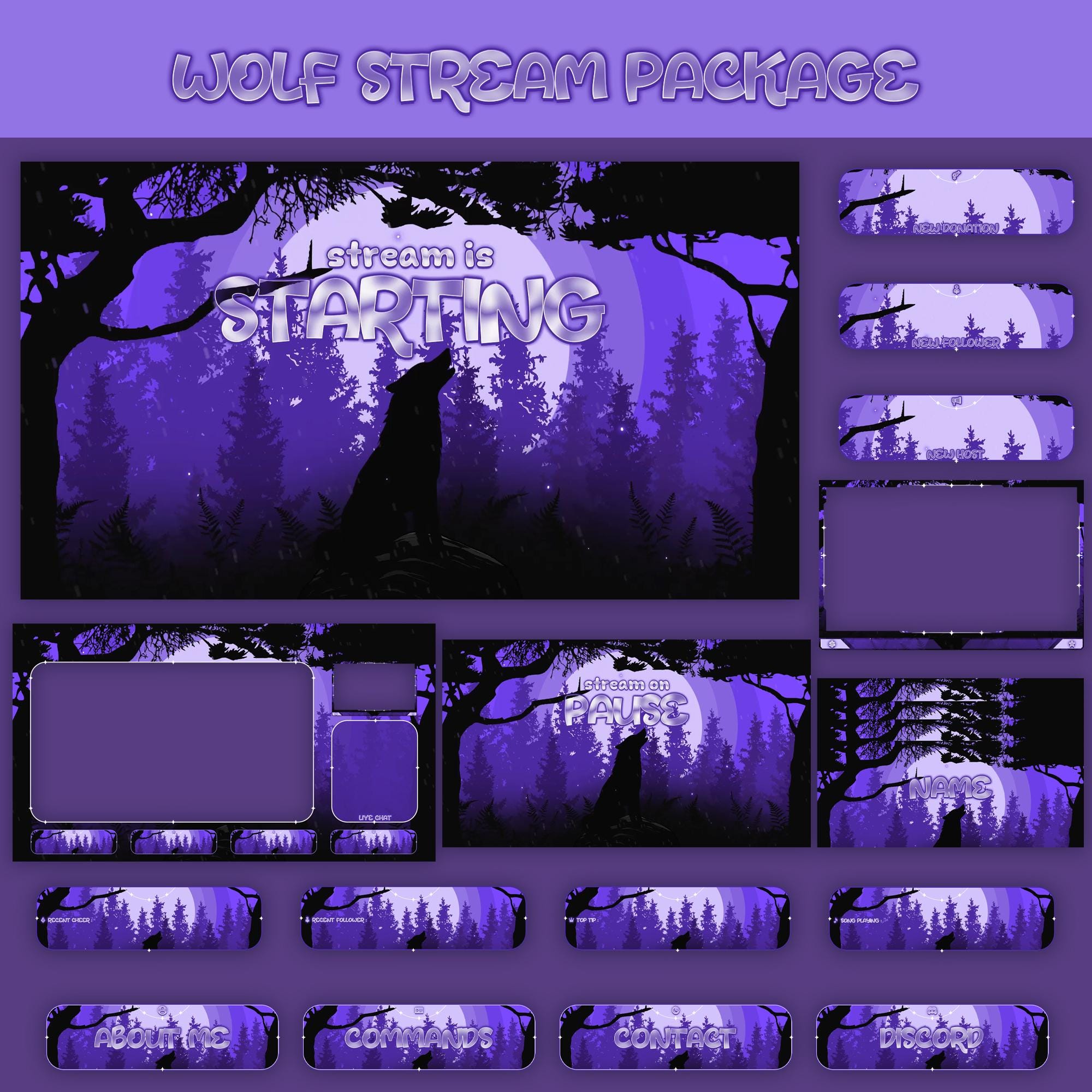 Moonlight Wolf Animated Stream Package : For Twitch Overlay, YouTube, Kick, Facecam, Alerts, Wolf Overlays - animated preview