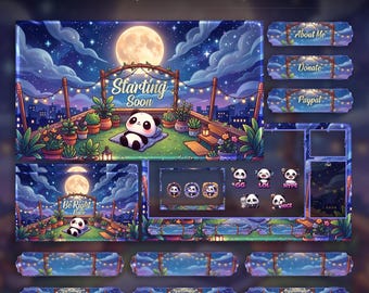 Starry Night Cozy Panda Overlay Animated Stream Package: Twitch, YouTube, Kick | Kawaii Panda Overlays