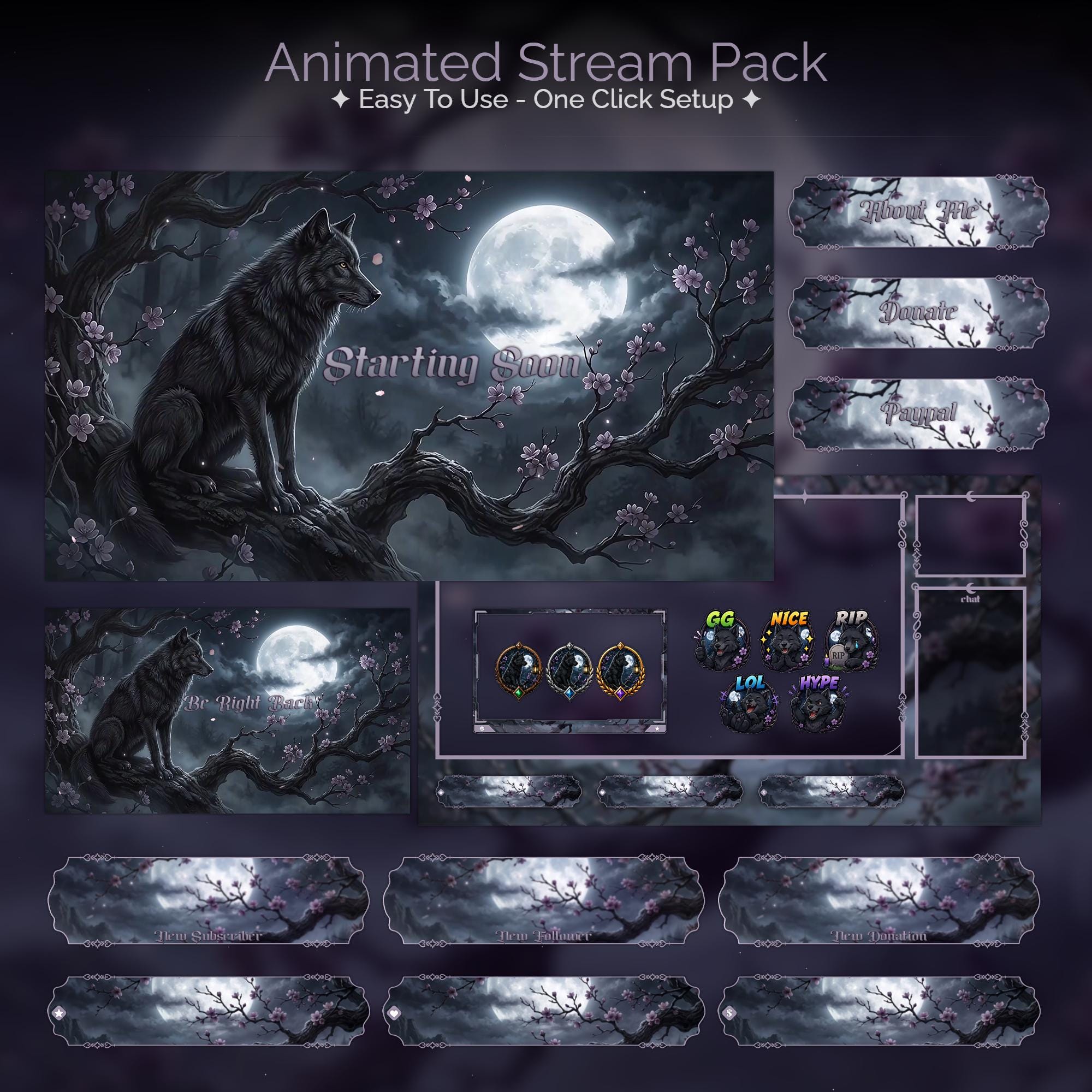 Mystic Moonlight Wolf Overlay Animated Stream Package: For Twitch, YouTube, Kick | Gothic Wolf overlays - animated preview