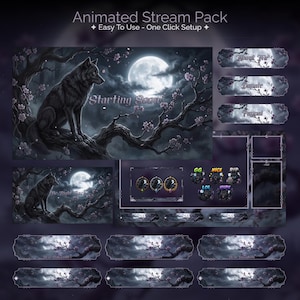 Pode incluir: Pacote de stream animado com tema de fantasia sombria. O design apresenta um lobo empoleirado em um galho sob a lua cheia, com flores de cerejeira. Inclui elementos de sobreposição com texto como "Starting Soon" e "About Me".