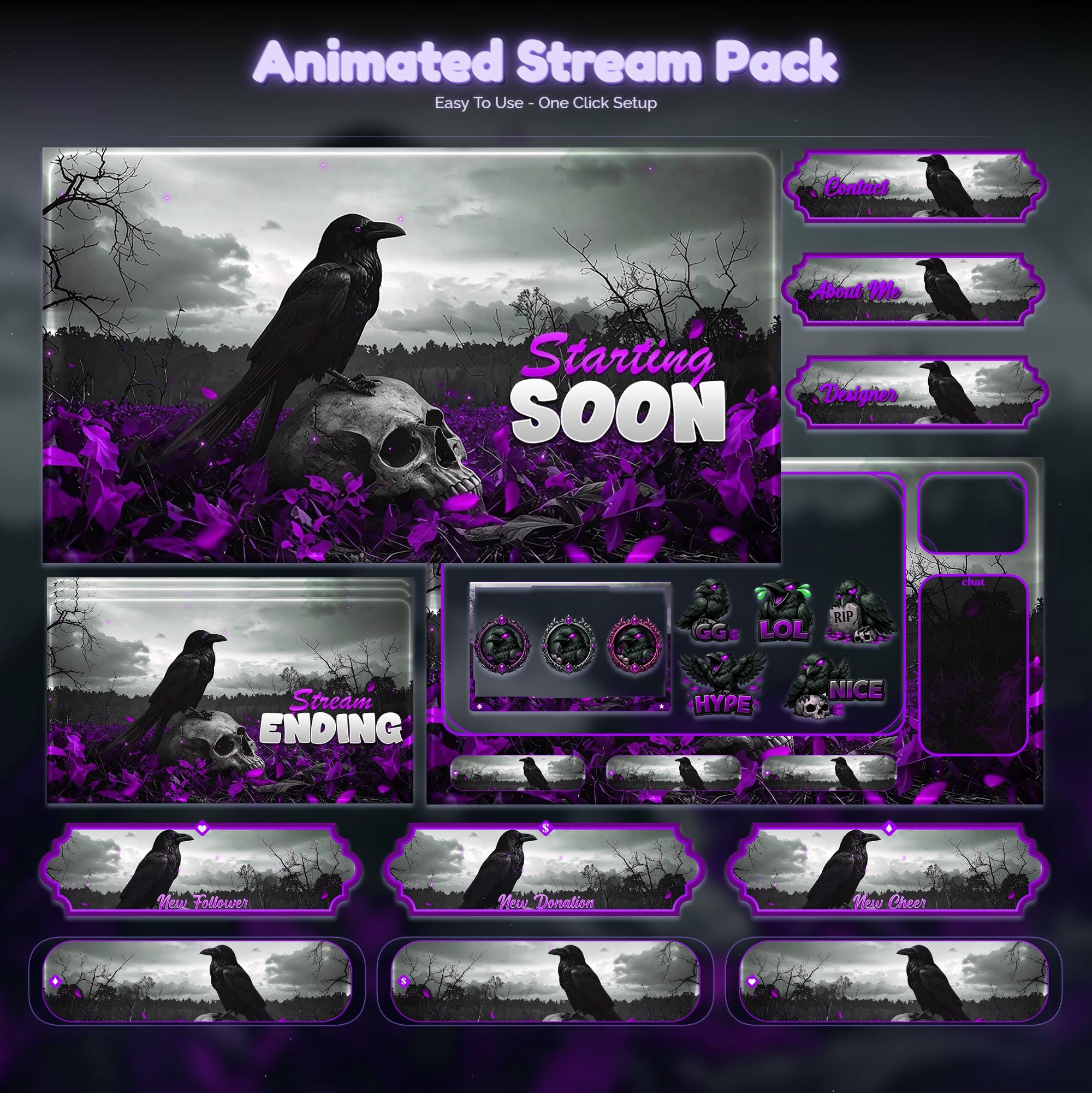 Violet Dark Gothic Raven Animated Stream Package: Twitch Overlay, YouTube, Kick | Crow twitch overlays - animated preview