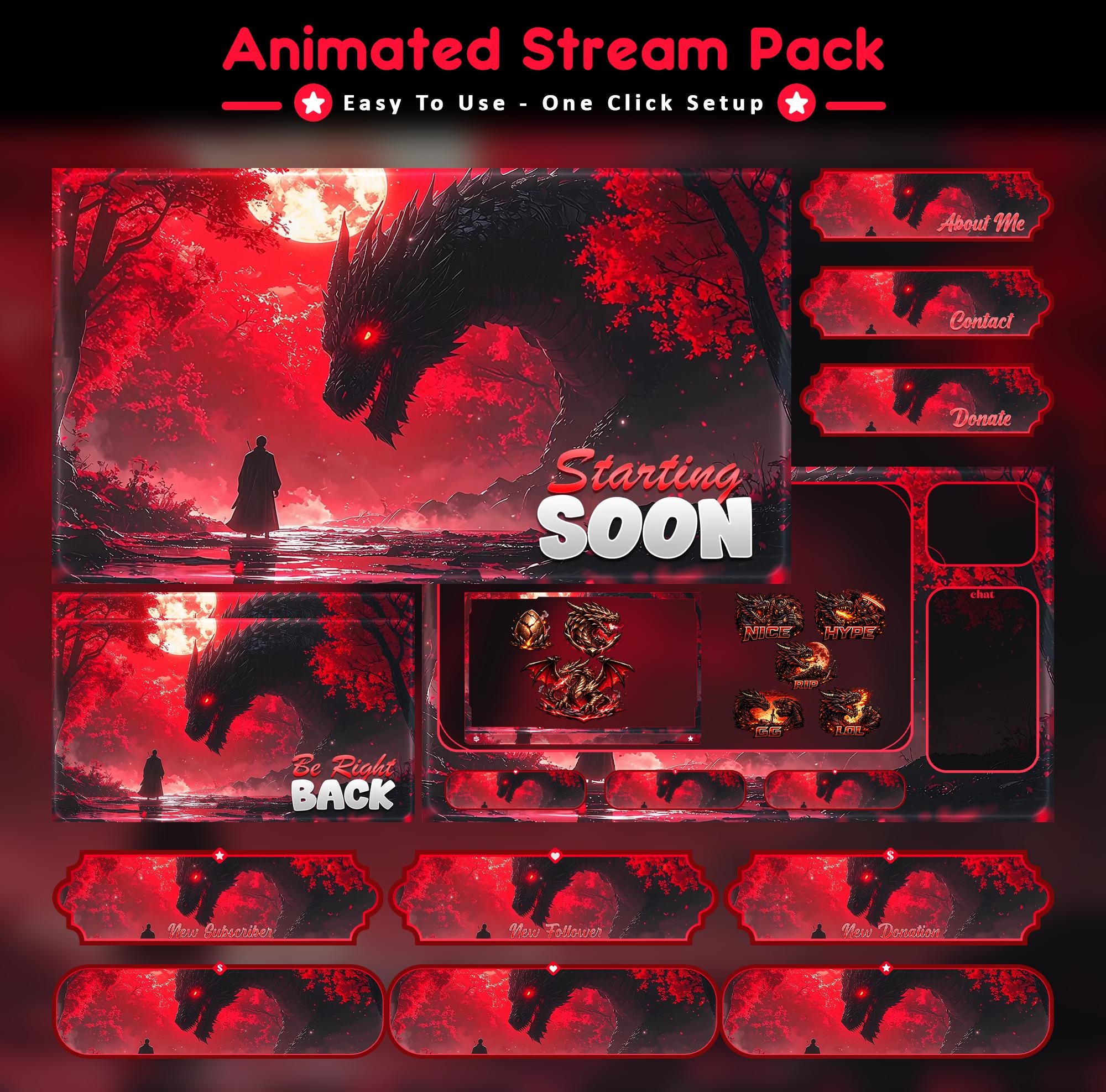 Crimson Dragon Animated Stream Package: For Twitch Overlay, YouTube, Kick | Dragon Overlays - animated preview