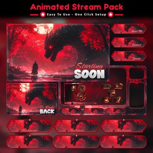 Peut inclure: Pack de flux animé sur le thème du dragon rouge et noir. Comprend des superpositions, des panneaux et des écrans animés avec du texte tel que "Starting Soon" et "Be Right Back". Le design présente un dragon, une silhouette et une forêt.