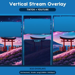 Puede incluir: Un dise&ntilde;o de superposici&oacute;n digital para streaming vertical, con un paisaje japon&eacute;s con una puerta torii roja, flores de cerezo y monta&ntilde;as. El dise&ntilde;o incluye secciones para video, chat y marca, con el texto "TIKTOK + YOUTUBE".