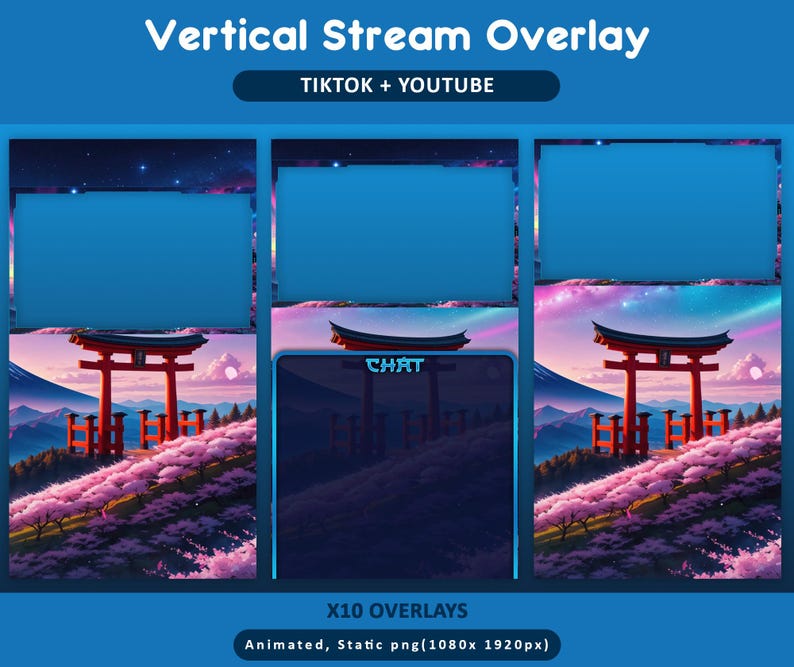 Puede incluir: Un dise&ntilde;o de superposici&oacute;n digital para streaming vertical, con un paisaje japon&eacute;s con una puerta torii roja, flores de cerezo y monta&ntilde;as. El dise&ntilde;o incluye secciones para video, chat y marca, con el texto "TIKTOK + YOUTUBE".