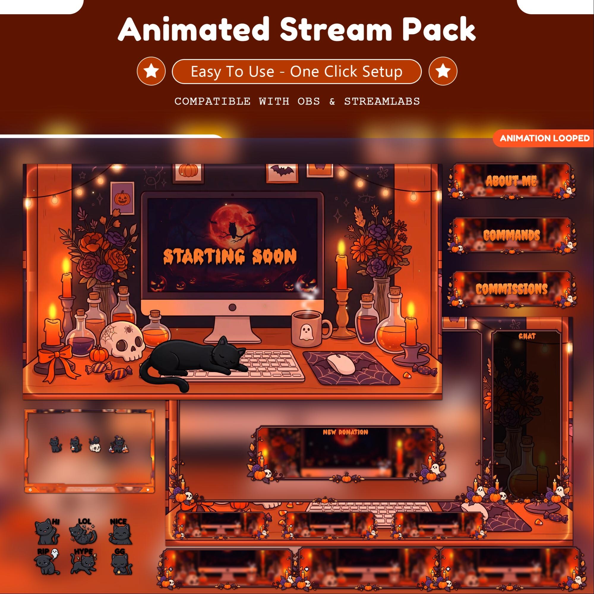 Animated Halloween Stream Overlay Pack | Cozy Cat Twitch Overlay Bundle | Spooky Pumpkin Ghost Panels Emotes | VTuber OBS | Youtube, Kick - animated preview