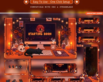 Animated Halloween Stream Overlay Pack | Cozy Cat Twitch Overlay Bundle | Spooky Pumpkin Ghost Panels Emotes | VTuber OBS  | Youtube, Kick