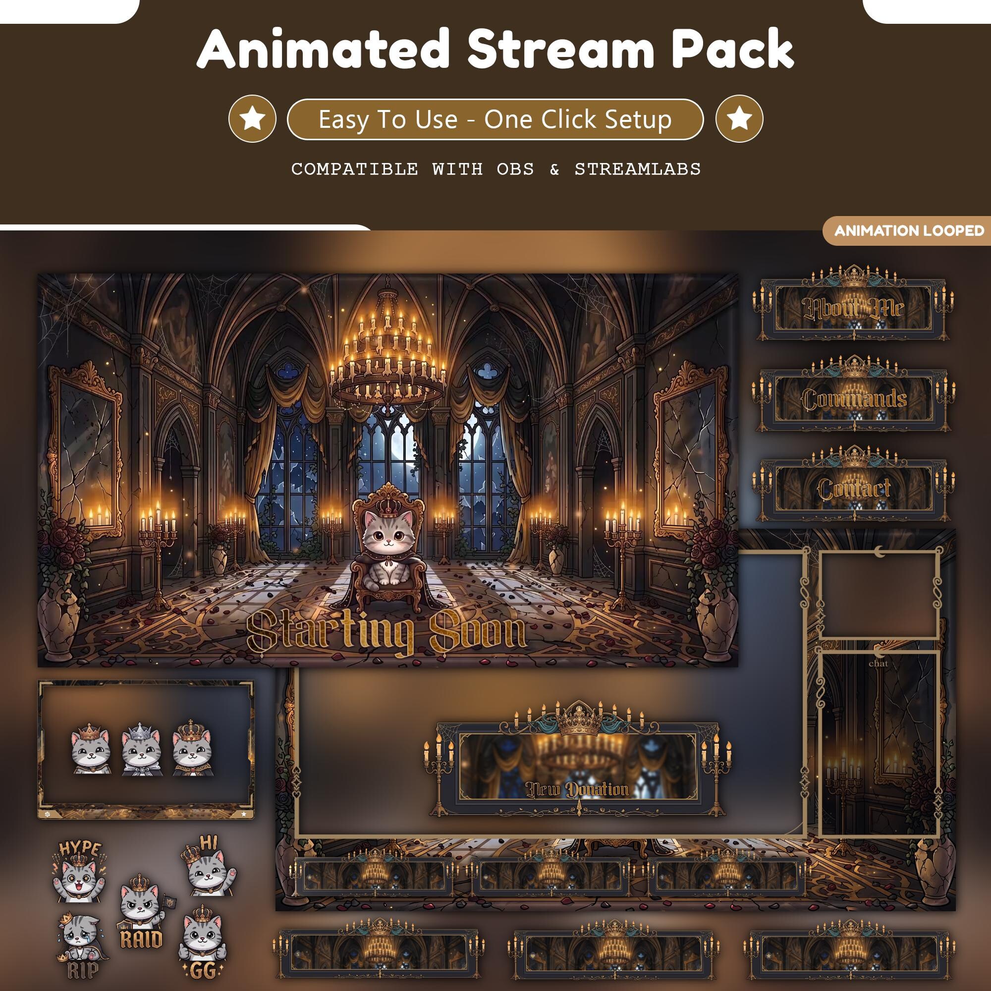 Royal Cat Gothic Overlay Animated Stream Package: For Twitch, YouTube, Kick | Mystic Cat overlays - animated preview