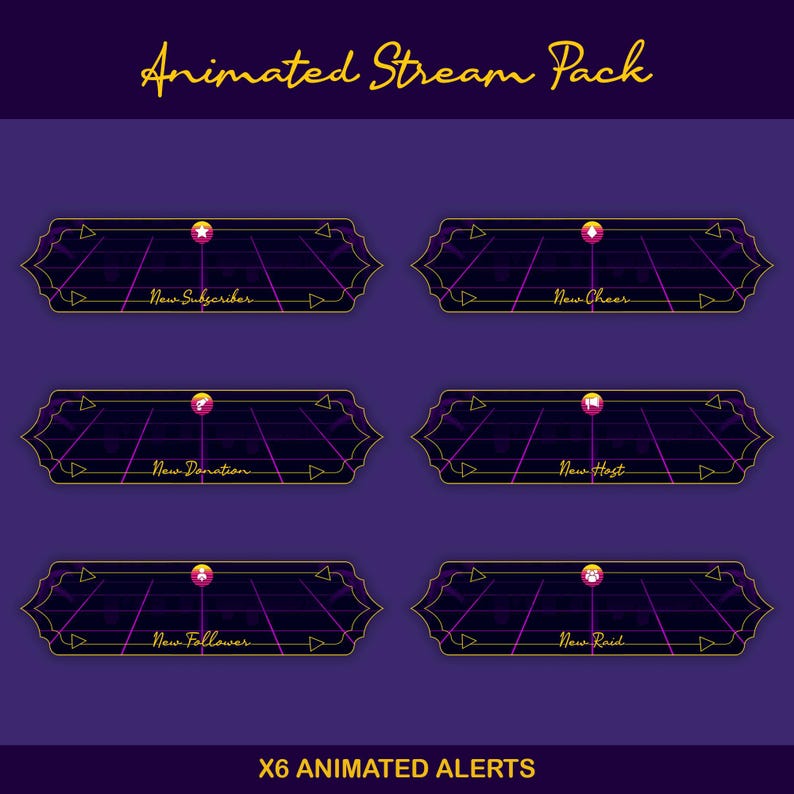 Sunset Synthwave Animated Stream-paket: För Twitch Overlay, YouTube, Kick, Facecam, Alerts, Retro Overlay bild 7