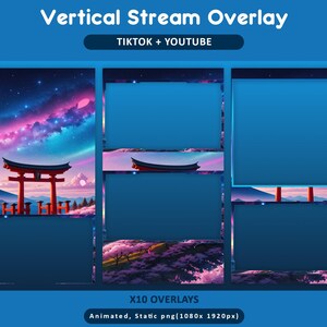 Puede incluir: Dise&ntilde;o de superposici&oacute;n digital para streaming vertical, con paisaje japon&eacute;s, puerta torii y cielo colorido. Texto: "Vertical Stream Overlay" y "TIKTOK + YOUTUBE". Disponible en formatos PNG animados y est&aacute;ticos, dimensiones 1080x1920 p&iacute;xeles.