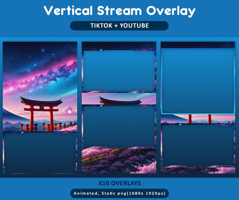 Puede incluir: Dise&ntilde;o de superposici&oacute;n digital para streaming vertical, con paisaje japon&eacute;s, puerta torii y cielo colorido. Texto: "Vertical Stream Overlay" y "TIKTOK + YOUTUBE". Disponible en formatos PNG animados y est&aacute;ticos, dimensiones 1080x1920 p&iacute;xeles.