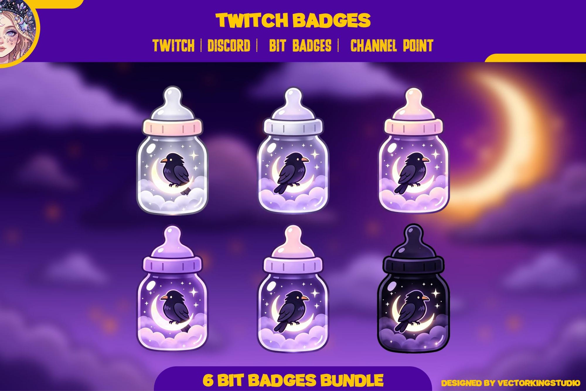 Raven Bottle Charms Twitch Badges, Discord | twitch emotes | Gothic Crow Sub Bits & Channel Point - animated preview
